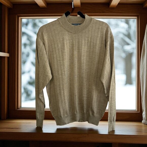 Toscano Men's Vintage Italian Merino Wool Tan Ribbed Knit Mock Neck Sweater - Picture 1 of 9